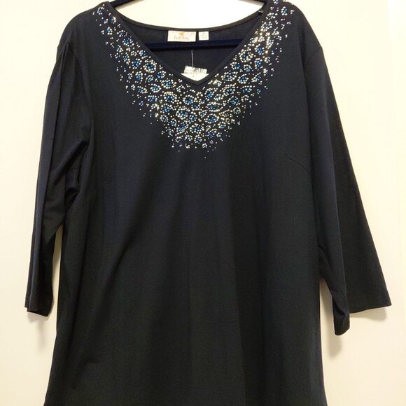 Quacker Factory Rhinestone Embellished Top 3/4 Sleeves Navy Blue 2X NWT - Picture 1 of 6